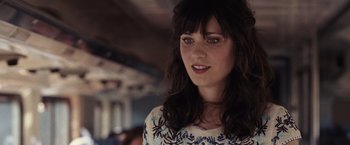 Movie still from “500 Days of Summer” (2009), directed by Marc Webb – A person with long black hair; Close Up shot, Over the shoulder angle