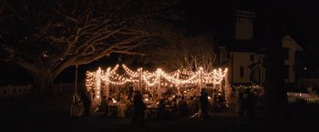 Movie still from “500 Days of Summer” (2009), directed by Marc Webb – A group of people sitting at tables under a string of lights at night; Extreme Wide shot, High angle