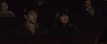 Movie still from “500 Days of Summer” (2009), directed by Marc Webb – A man and a woman sitting next to each other in a movie theater; Medium shot, High angle