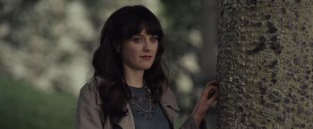 Movie still from “500 Days of Summer” (2009), directed by Marc Webb – A woman standing next to a tree in the woods; Close Up shot, Over the shoulder angle