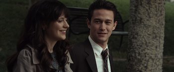 Movie still from “500 Days of Summer” (2009), directed by Marc Webb – A man and a woman standing next to each other; Close Up shot, Over the shoulder angle