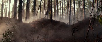 Movie still from “65” (2023), directed by Bryan Woods – A person standing on top of a pile of dirt in the middle of a forest; Extreme Wide shot, Low angle