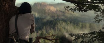 Movie still from “65” (2023), directed by Bryan Woods – A woman standing on a tree branch looking out over a valley; Wide shot, Over the shoulder angle