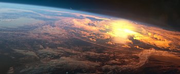 Movie still from “65” (2023), directed by Bryan Woods – A view of the earth from a space station window; Extreme Wide shot, Overhead angle