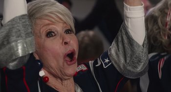 Movie still from “80 for Brady” (2023), directed by Kyle Marvin – An older woman with her mouth wide open; Close Up shot, Low angle