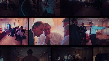 Movie still from “9/11: Inside the President's War Room” (2021), directed by Adam Wishart – A series of photographs of men in suits and ties; Medium shot, High angle