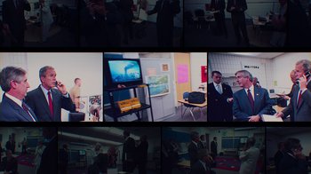Movie still from “9/11: Inside the President's War Room” (2021), directed by Adam Wishart – A series of photographs of people in business suits; Wide shot, High angle