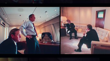 Movie still from “9/11: Inside the President's War Room” (2021), directed by Adam Wishart – Two pictures of a man in a suit and tie; Medium shot, High angle