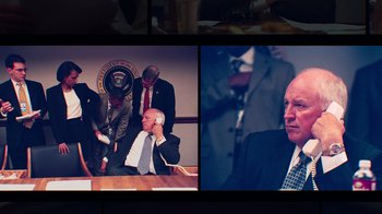 Movie still from “9/11: Inside the President's War Room” (2021), directed by Adam Wishart – A collage of photos of people in suits and ties; Medium shot, Over the shoulder angle