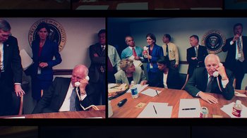 Movie still from “9/11: Inside the President's War Room” (2021), directed by Adam Wishart – A group of people sitting around a table; Medium shot, High angle