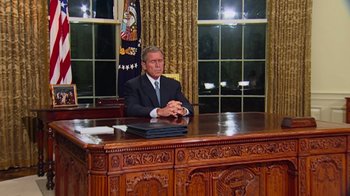 Movie still from “9/11: Inside the President's War Room” (2021), directed by Adam Wishart – President george w; Wide shot, High angle