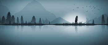 Movie still from “A Banquet” (2021), directed by Ruth Paxton – A lake in the middle of the day with mountains in the background; Extreme Wide shot, Low angle
