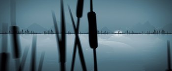 Movie still from “A Banquet” (2021), directed by Ruth Paxton – A view of a body of water from a boat; Extreme Wide shot, Over the shoulder angle