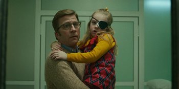 Movie still from “A Christmas Story Christmas” (2022), directed by Clay Kaytis – A man and a little girl in a room; Medium shot, Low angle