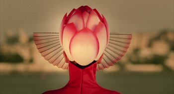 Movie still from “The Fall” (2006), directed by Tarsem Singh – A person with a flower on their head and wings; Close Up shot, Overhead angle