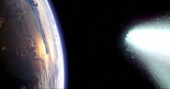 Movie still from “A Cowgirl's Song” (2022), directed by Timothy Armstrong – An image of an earth from space with a comet in the background; Extreme Wide shot, Overhead angle