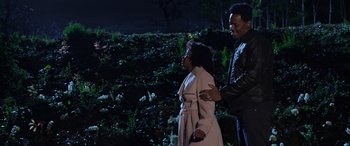 Movie still from “A Fall from Grace” (2020), directed by Tyler Perry – A man and a woman standing next to each other in front of bushes; Medium shot, Over the shoulder angle