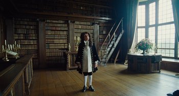 Movie still from “The Favourite” (2018), directed by Yorgos Lanthimos – A man standing in front of a book shelf; Wide shot, Low angle