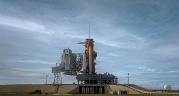 Movie still from “A Million Miles Away” (2023), directed by Alejandra Márquez Abella – A space shuttle on the launch pad at the kennedy space center in florida; Extreme Wide shot, Low angle