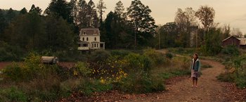 Movie still from “A Quiet Place” (2018), directed by John Krasinski – An old house in the middle of the woods; Extreme Wide shot, High angle