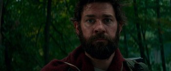 Movie still from “A Quiet Place” (2018), directed by John Krasinski – A person with a beard; Close Up shot, Low angle
