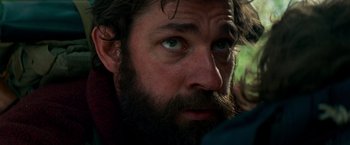 Movie still from “A Quiet Place” (2018), directed by John Krasinski – A person with a beard; Close Up shot, Low angle