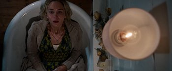 Movie still from “A Quiet Place” (2018), directed by John Krasinski – A woman sitting in a bathtub next to a mirror; Medium shot, Overhead angle