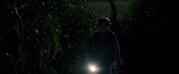 Movie still from “A Quiet Place” (2018), directed by John Krasinski – A child is walking in the dark with a flashlight; Wide shot, High angle