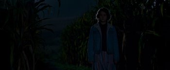 Movie still from “A Quiet Place” (2018), directed by John Krasinski – A woman standing in the dark in front of a tree; Medium shot, Low angle