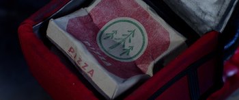Movie still from “A Shaun the Sheep Movie: Farmageddon” (2019), directed by Will Becher – View of a box of pizza; Extreme Close Up shot, Overhead angle