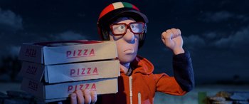 Movie still from “A Shaun the Sheep Movie: Farmageddon” (2019), directed by Will Becher – A person holding three boxes of pizza in their hands; Medium shot, Low angle