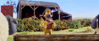 Movie still from “A Shaun the Sheep Movie: Farmageddon” (2019), directed by Will Becher – A dog holding a pencil in his hand and holding a clipboard in his hand; Medium shot, High angle