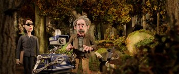 Movie still from “A Shaun the Sheep Movie: Farmageddon” (2019), directed by Will Becher – An old man holding a pair of shoes standing in front of a group of animals; Wide shot, High angle