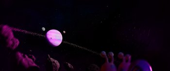 Movie still from “A Shaun the Sheep Movie: Farmageddon” (2019), directed by Will Becher – An image of an alien space ship in the dark; Extreme Wide shot, Low angle