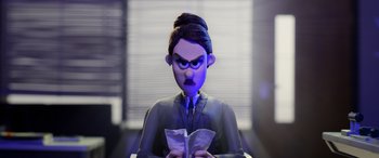 Movie still from “A Shaun the Sheep Movie: Farmageddon” (2019), directed by Will Becher – A woman is holding an open bag of food; Close Up shot, Over the shoulder angle