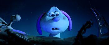 Movie still from “A Shaun the Sheep Movie: Farmageddon” (2019), directed by Will Becher – A cartoon character's face in the night sky; Close Up shot, High angle