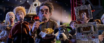 Movie still from “A Shaun the Sheep Movie: Farmageddon” (2019), directed by Will Becher – A man eating french fries with a dog in the background; Medium shot, Over the shoulder angle