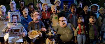 Movie still from “A Shaun the Sheep Movie: Farmageddon” (2019), directed by Will Becher – A group of people that are standing up; Medium shot, High angle