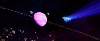 Movie still from “A Shaun the Sheep Movie: Farmageddon” (2019), directed by Will Becher – An image of an outer space scene with planets; Extreme Wide shot, Low angle