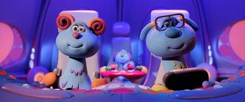 Movie still from “A Shaun the Sheep Movie: Farmageddon” (2019), directed by Will Becher – Two blue cartoon characters; Medium shot, Over the shoulder angle