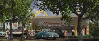 Movie still from “The Founder” (2016), directed by John Lee Hancock – An image of an old mcdonald's restaurant in dayton , ohio; Extreme Wide shot, High angle