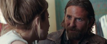 Movie still from “A Star Is Born” (2018), directed by Bradley Cooper – A man and a woman looking at each other in a mirror; Close Up shot, Over the shoulder angle