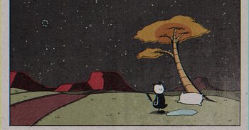 Movie still from “A Trip to Infinity” (2022), directed by Jonathan Halperin – A cartoon of a cat standing in the grass; Extreme Wide shot, High angle