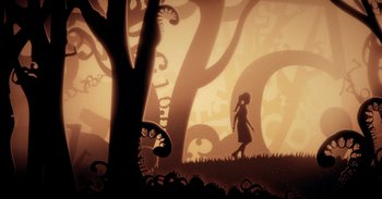 A girl is walking through a forest at night