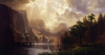 A painting of a mountain lake with deer in the foreground