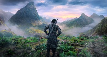 Movie still from “A Writer's Odyssey” (2021), directed by Yang Lu – A painting of a man standing on a hill looking out into a valley; Extreme Wide shot, High angle