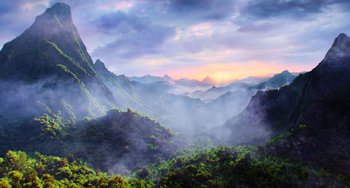 Movie still from “A Writer's Odyssey” (2021), directed by Yang Lu – A view of a mountain range with a sunset in the background; Extreme Wide shot, High angle
