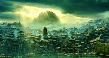 Movie still from “A Writer's Odyssey” (2021), directed by Yang Lu – An image of an asian city in the middle of the day; Extreme Wide shot, Low angle