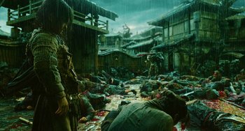 Movie still from “A Writer's Odyssey” (2021), directed by Yang Lu – An image of an asian city with a lot of dead bodies in it; Wide shot, High angle