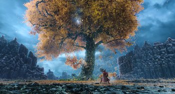 Movie still from “A Writer's Odyssey” (2021), directed by Yang Lu – An image of a person standing next to a large tree; Extreme Wide shot, Low angle